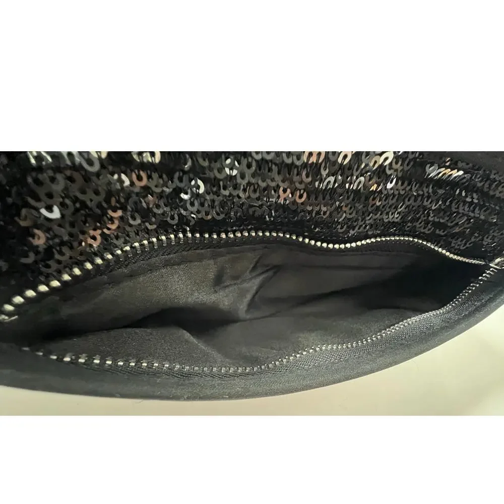 Victoria's Secret Black Sequins Elegant Clutch Purse Makeup Bag Zipper Pouch